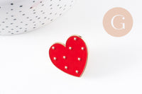 Broche pins coeur laiton doré émaillé rouge à pois 29mm, x1 (G5240)