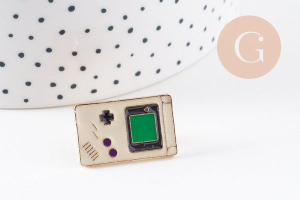 Broche pins console portable jeux vidéos doré émail noir 24x15mm, x1 (G5899)