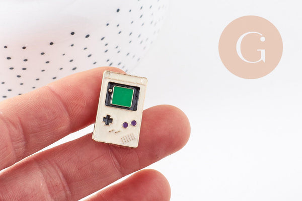 Broche pins console portable jeux vidéos doré émail noir 24x15mm, x1 (G5899)