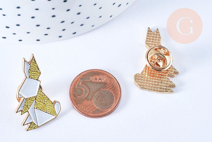 Broche pins lapin origami doré émail Jaunz 29x18mm,décoration veste, x1 (G6612)