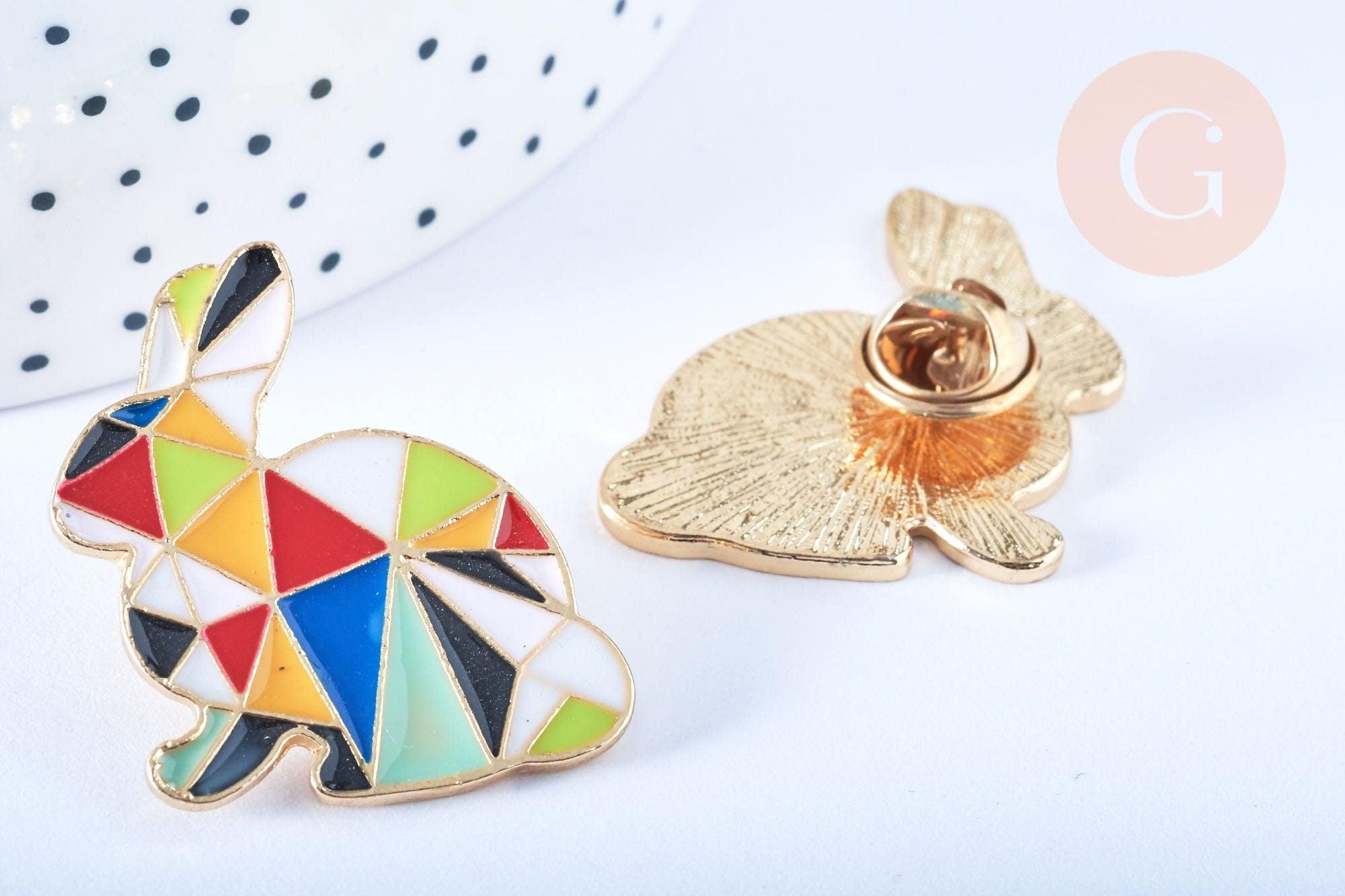 Broche pin's lapin origami doré émail multicolore 34x27mm, décoration veste,x1 (G6622)