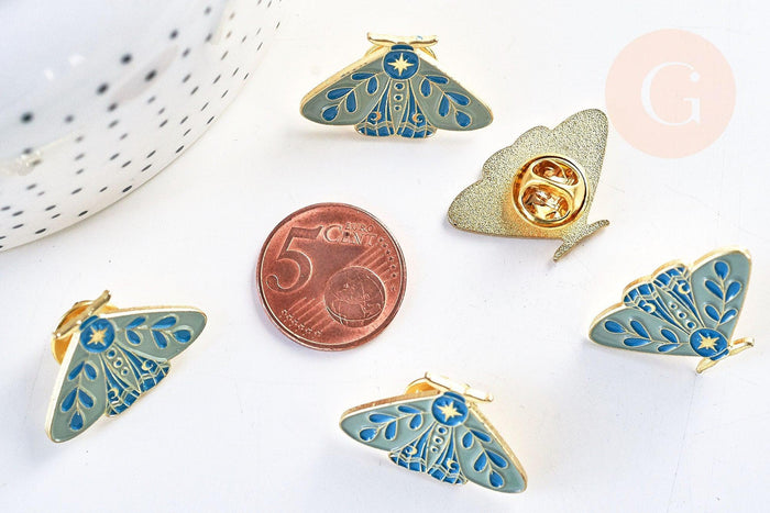 Broche pins papillon mystique doré émail bleu 27.5x18mm, x1 (G5547)