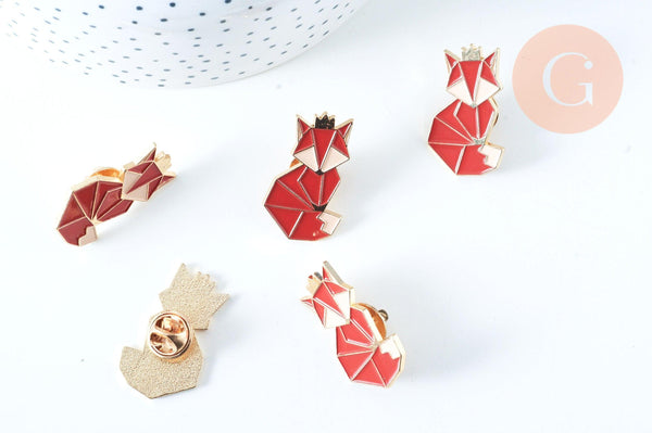Broche pins renard roux origami doré émail orange 31.5x19mm, x1 (G8046)