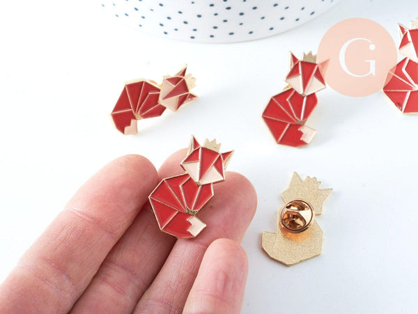 Broche pins renard roux origami doré émail orange 31.5x19mm, x1 (G8046)