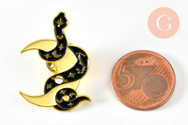Broche pins serpent lune mystique doré émail noir jaune 32.5mm, x1 (G6321)