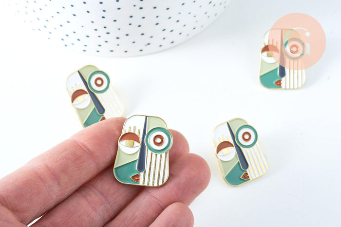 Broche pins visage art moderne doré émail 28x22mm,broche dorée,décoration veste,x1 (G6376)