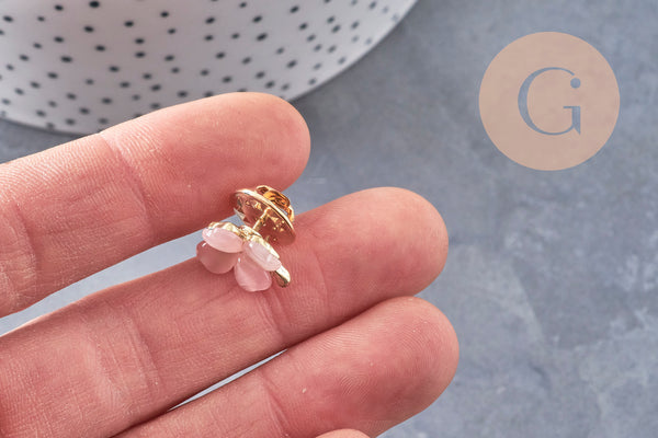 Broche trèfle à 4 feuilles zamac doré verre rose 13.5mm, x1 (G10991)