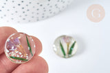 Cabochon Rond résine fleurs séchées et nacre 20mm, x1 (G7443)