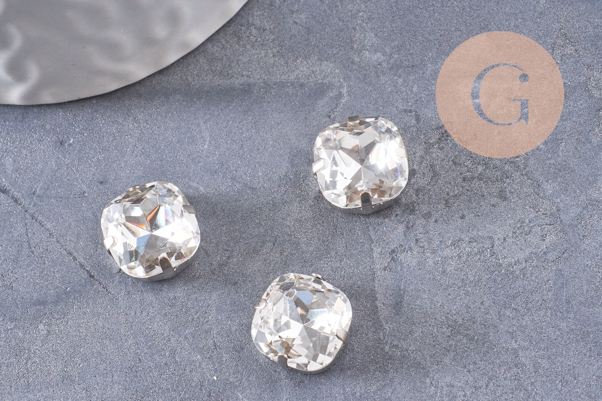 Cabochon carré cristal métal platine à coudre12mm, x5 (G0456)
