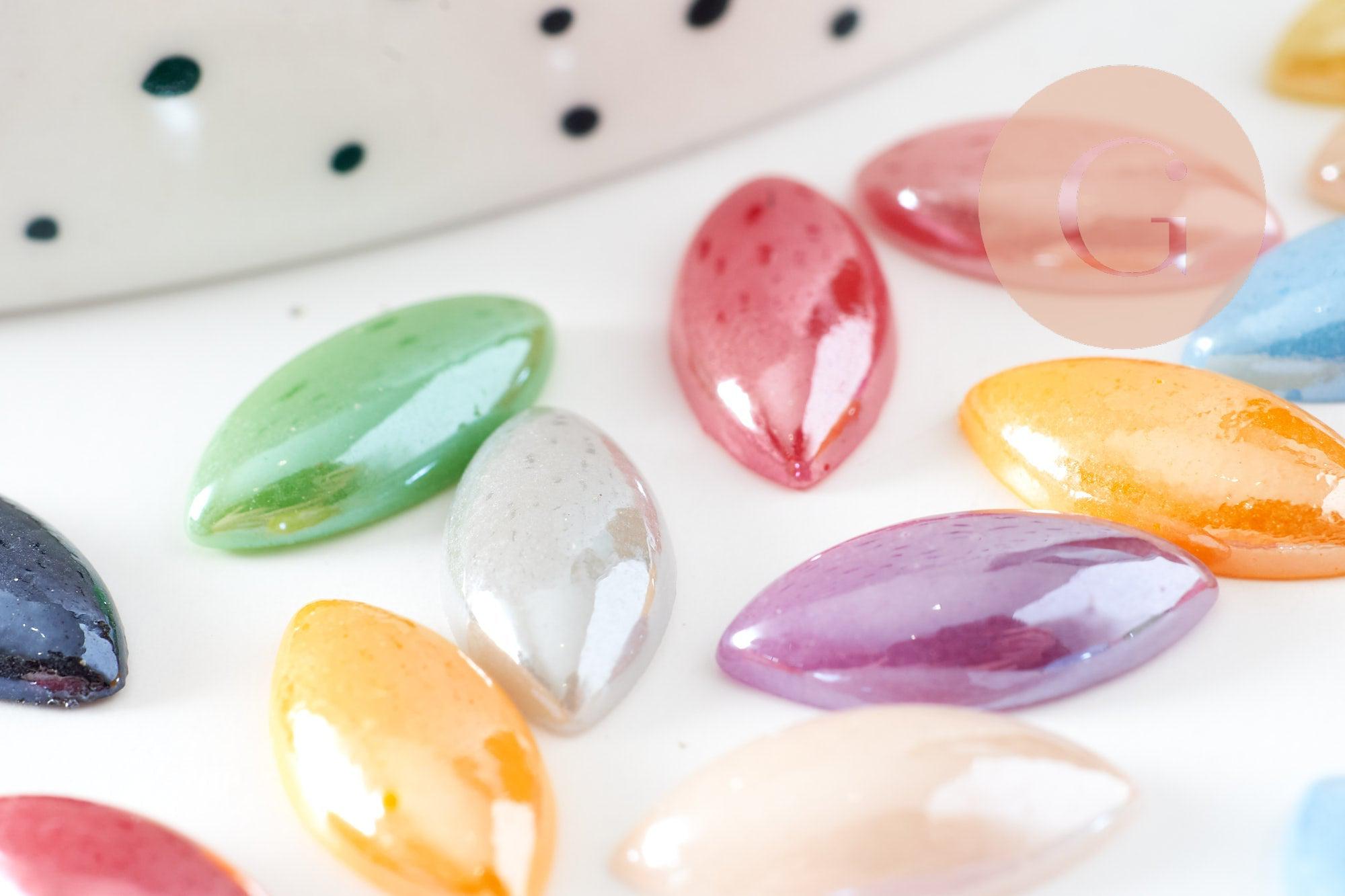 Cabochon dôme marquise verre irisé 14x7mm, x10 (G2282)