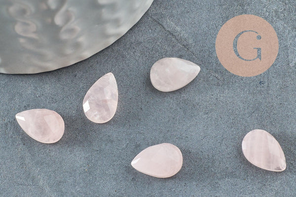 Cabochon goutte quartz rose facetté naturel 13x8mm, x1 (G9962)