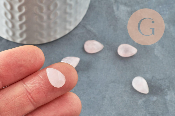 Cabochon goutte quartz rose facetté naturel 13x8mm, x1 (G9962)