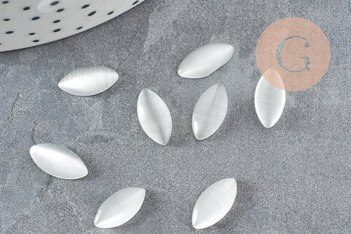 Cabochon marquise verre oeil de chat blanc 12x6mmmm, x20 (G2284)