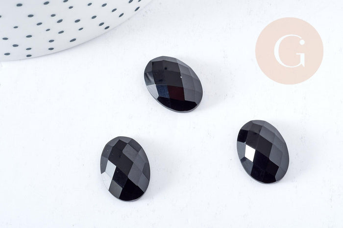 Cabochon ovale agate noire facetté 18x13mm, x1 (G8598)