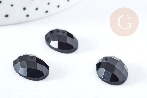 Cabochon ovale agate noire facetté 18x13mm, x1 (G8598)