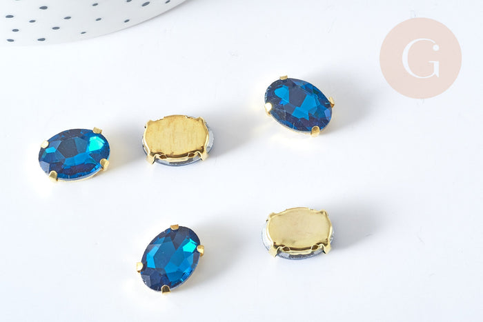 Cabochon ovale cristal bleu intense avec serti en laiton doré 14x10mm, x5 (G8115)