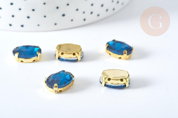 Cabochon ovale cristal bleu intense avec serti en laiton doré 14x10mm, x5 (G8115)