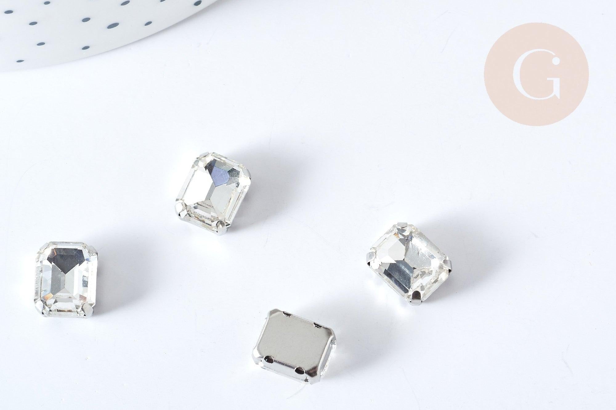 Cabochon rectangle cristal transparent avec serti en laiton argenté 8x10mm, x5 (G8110)