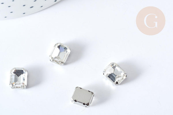 Cabochon rectangle cristal transparent avec serti en laiton argenté 8x10mm, x5 (G8110)