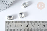 Cabochon rectangle cristal transparent avec serti en laiton argenté 8x10mm, x5 (G8110)