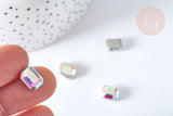 Cabochon rectangle cristal transparent irisé avec serti en laiton argenté 8x10mm, x5 (G8111)