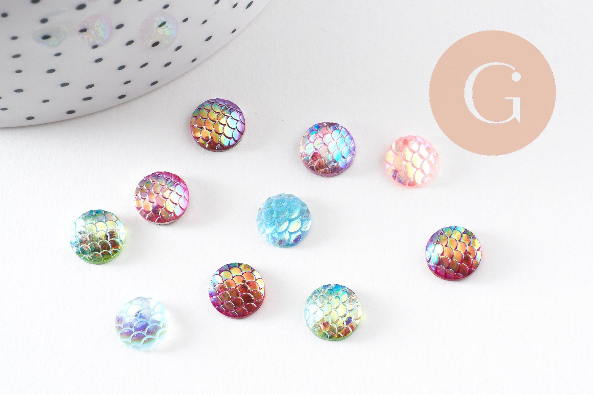 Cabochon rond écailles résine irisée multicolore 10mm, x5 (G7101)