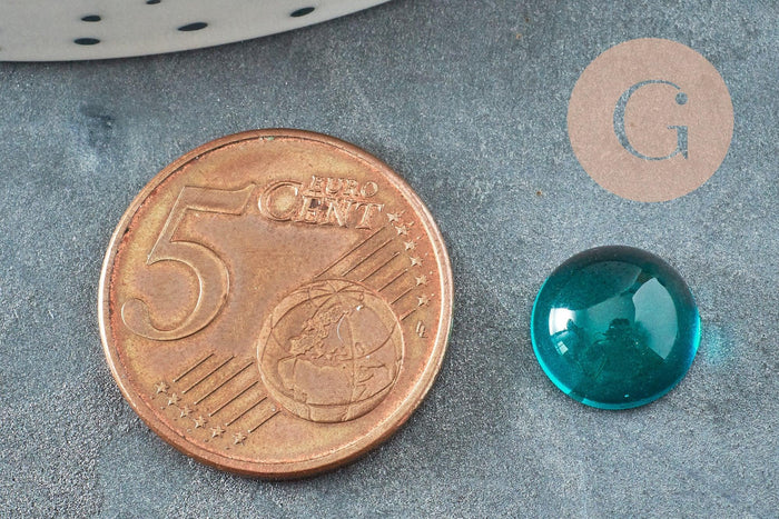 Cabochon rond verre lisse turquoise foncé 10mm, x1 (G8605)