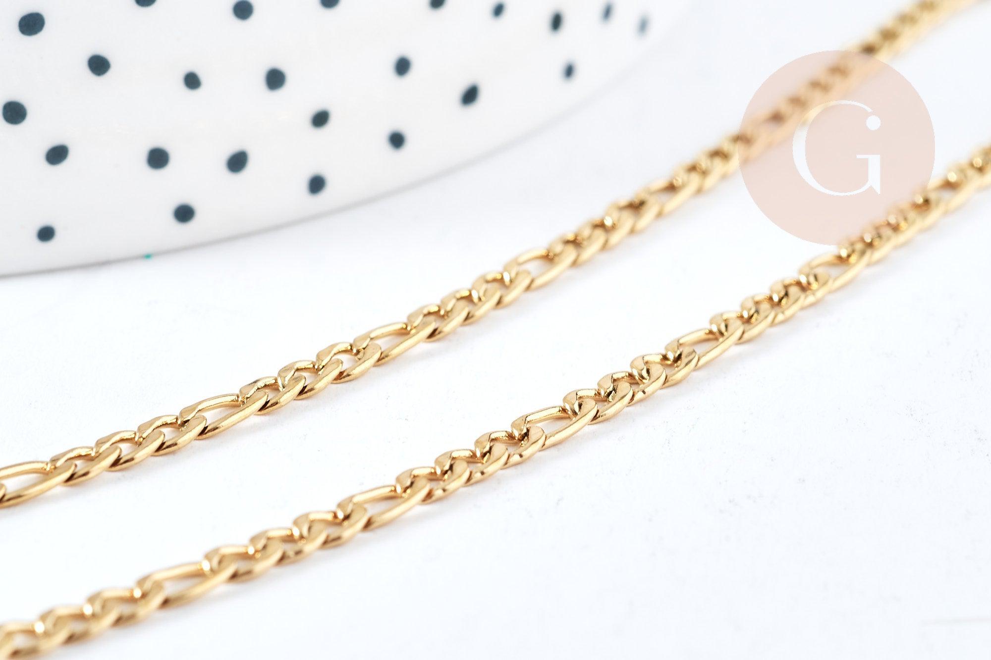 Collier Chaine Figaro complète avec fermoir acier 304 inoxydable doré IP 3mm,45.5cm, création collier acier inoxydable, x1 G8794