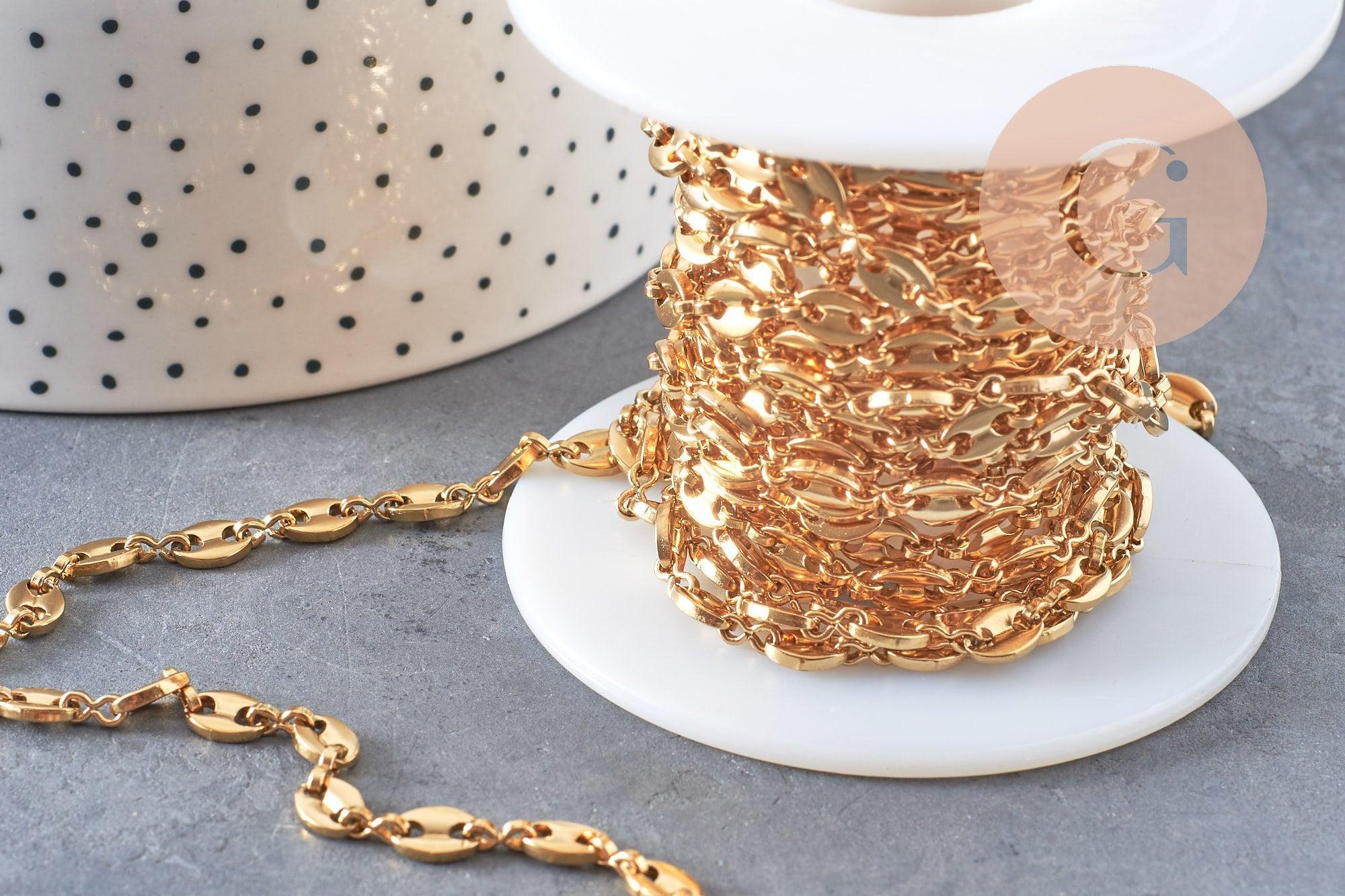 Chaine acier inoxydable doré IP 18k maille grain de café 7x4mm, x1 mètre (G5499)