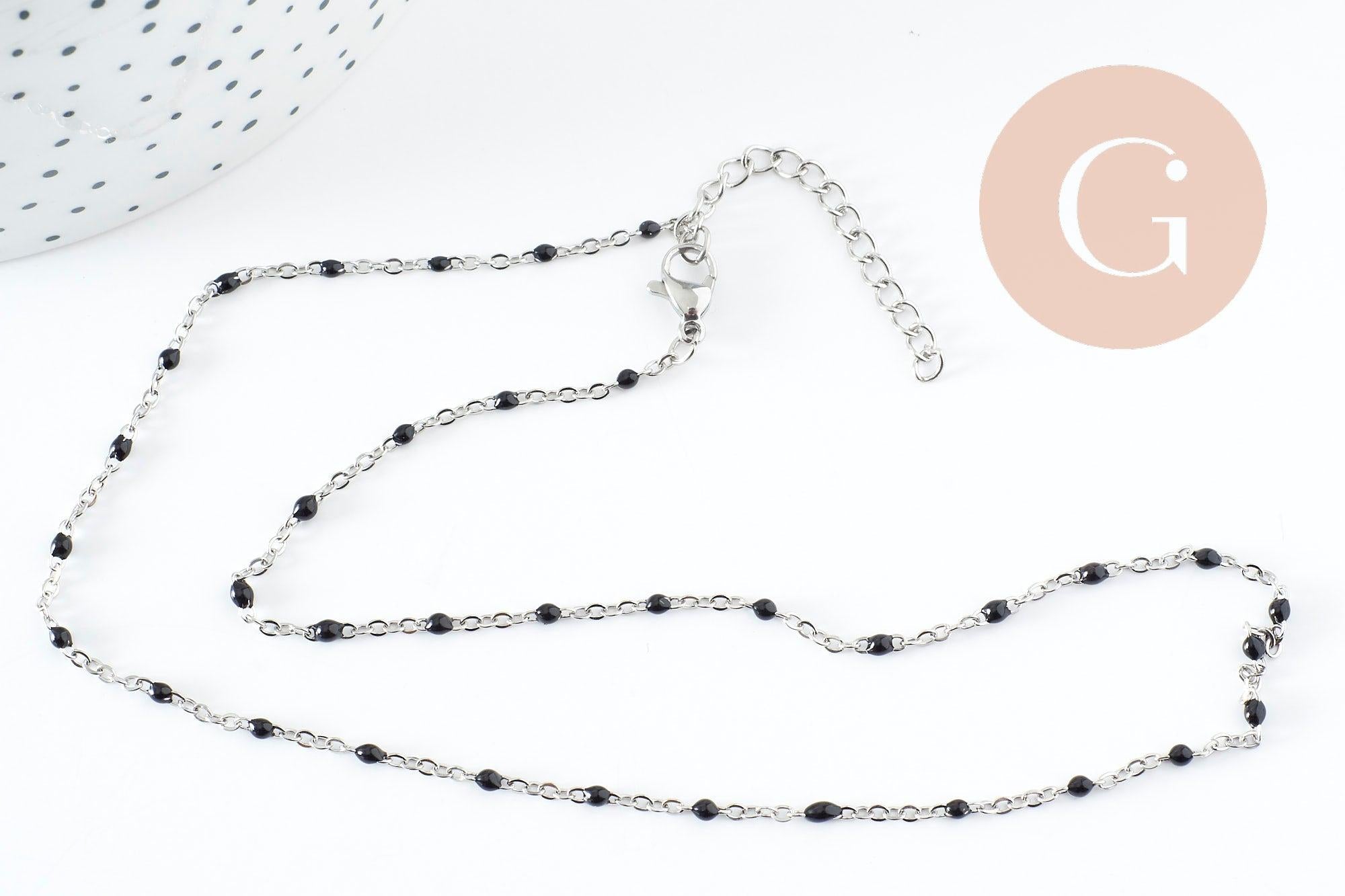 Collier Chaine avec fermoir acier inoxydable platine résine noire 2mm-40.5cm, x1 (G10010)