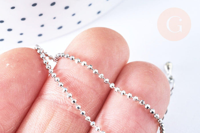 Collier Chaine boule fine laiton platine boule facettes 1.5mm/45cm,chaine collier laiton argenté chaine complète avec fermoir x1 G6202