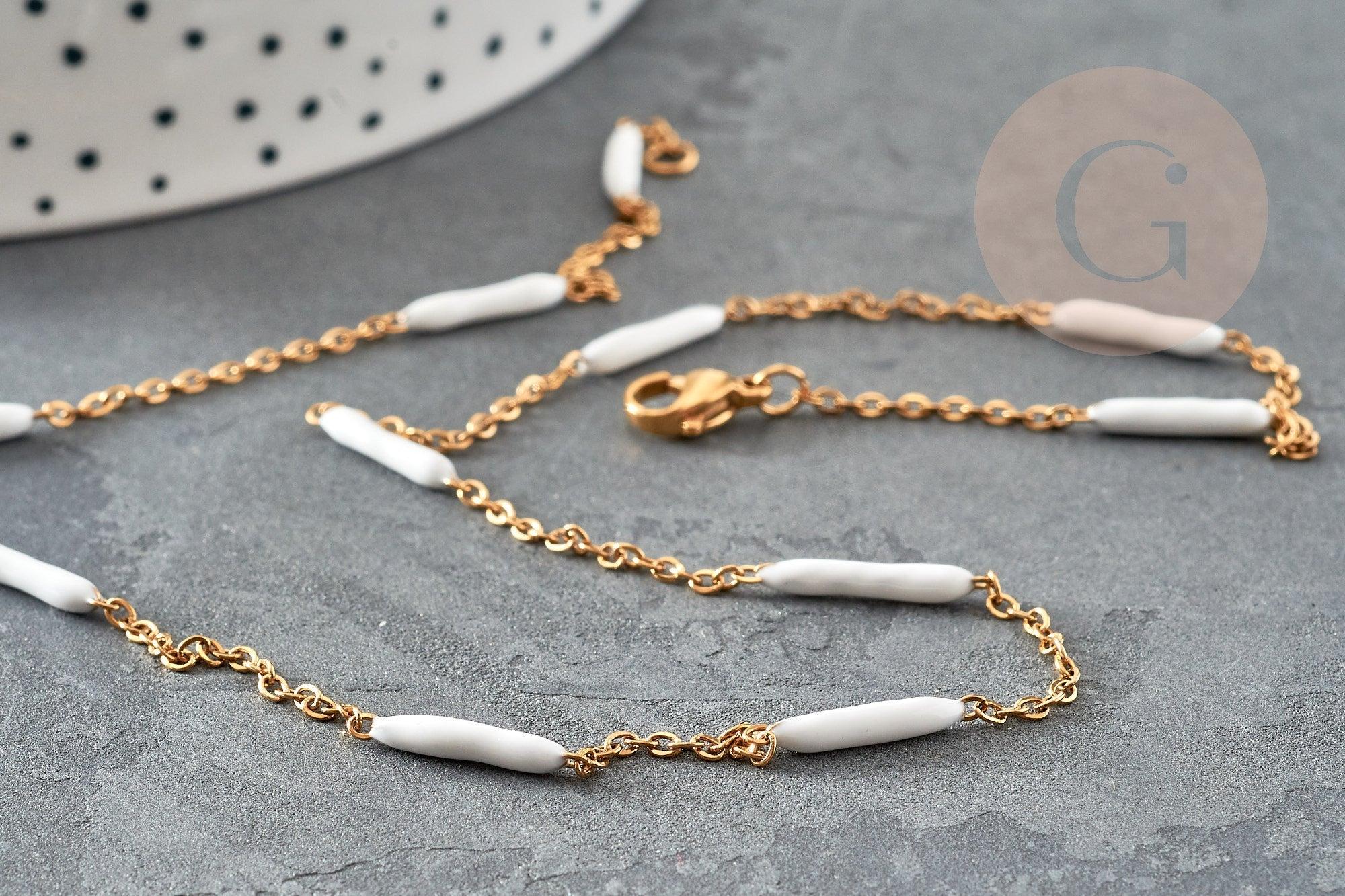 Collier Chaine complète acier inoxydable PVD/IP dorée 14k fantaisie résine blanche 2mm/45cm, chaine avec fermoir x1 G9373