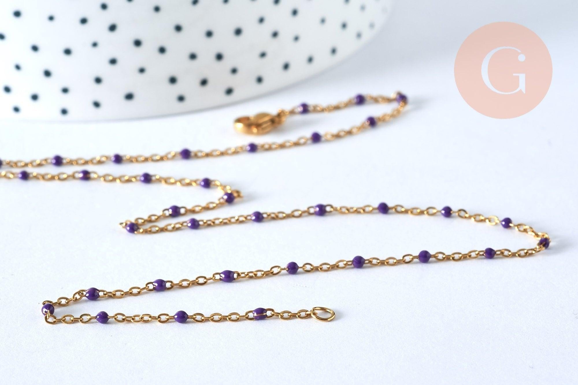 Collier Chaine complète avec fermoir acier dorée 14k fantaisie résine violette 2mm/45cm, x1 (G1385)