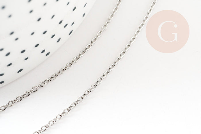 Collier Chaine complète avec fermoir forçat acier inoxydable platine 1.5mm-45cm, x1 (G9301)