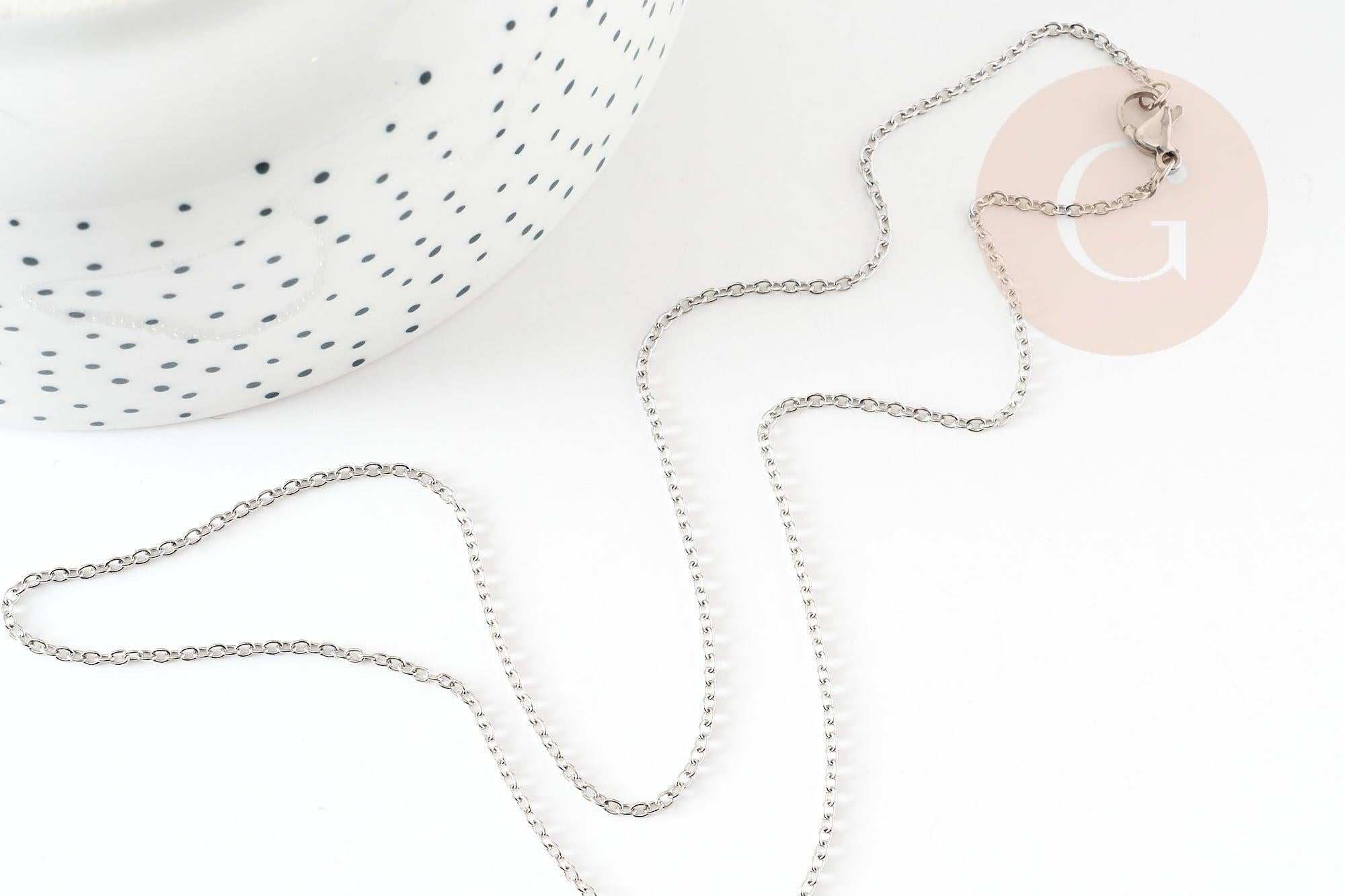 Collier Chaine complète avec fermoir forçat acier inoxydable platine 1.5mm-45cm, x1 (G9301)