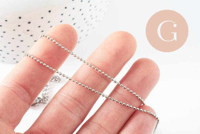 Collier Chaine complète boule acier 304 inoxydable platine 1.5mm/45.5cm,chaine fine argentée avec fermoir création collier x1 (G9778)