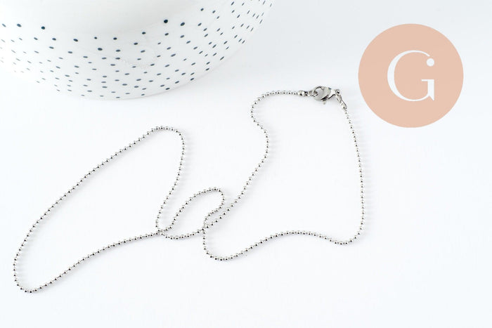 Collier Chaine complète boule acier 304 inoxydable platine 1.5mm/45.5cm,chaine fine argentée avec fermoir création collier x1 (G9778)