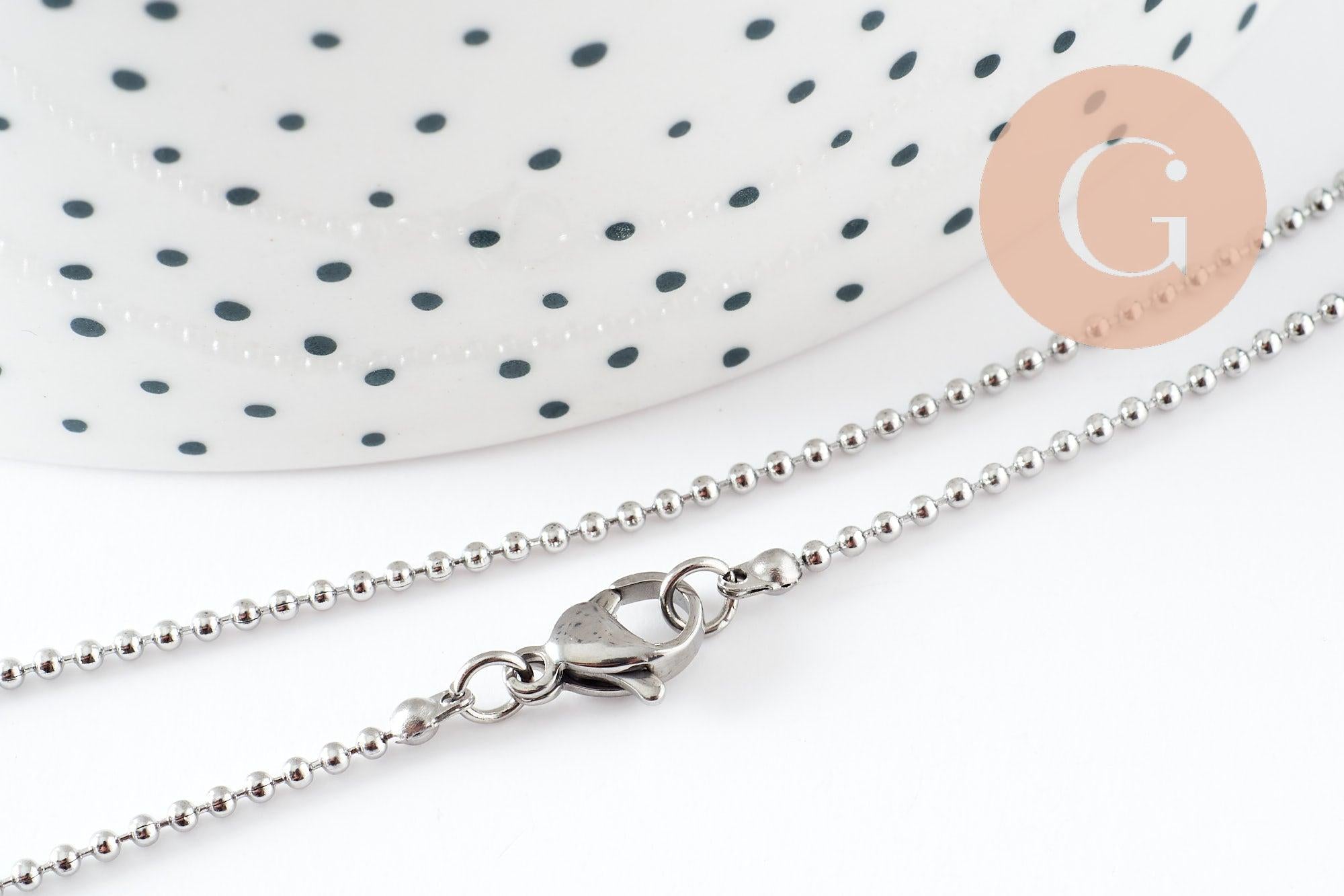Collier chaine complète boule acier 304 inoxydable platine 1.5mm/46.5cm, x1 (G9591)