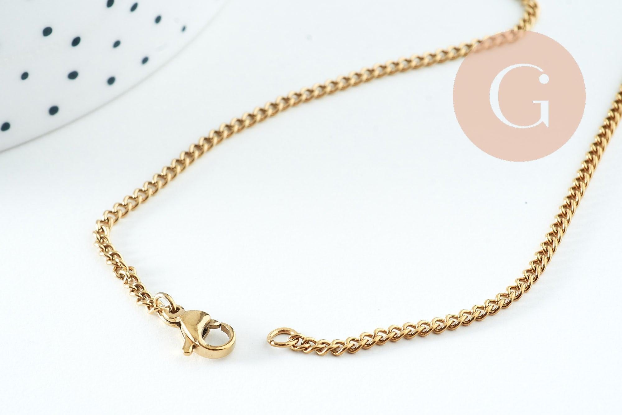 Collier Chaine complète plate acier inoxydable doré IP 2.2mm/45cm avec fermoir, x1 (G10731)