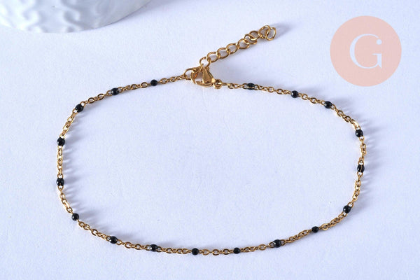 Chaine de cheville acier doré 14k résine noire chaine dorée 1.5-2mm/23cm, x1 (G3430)