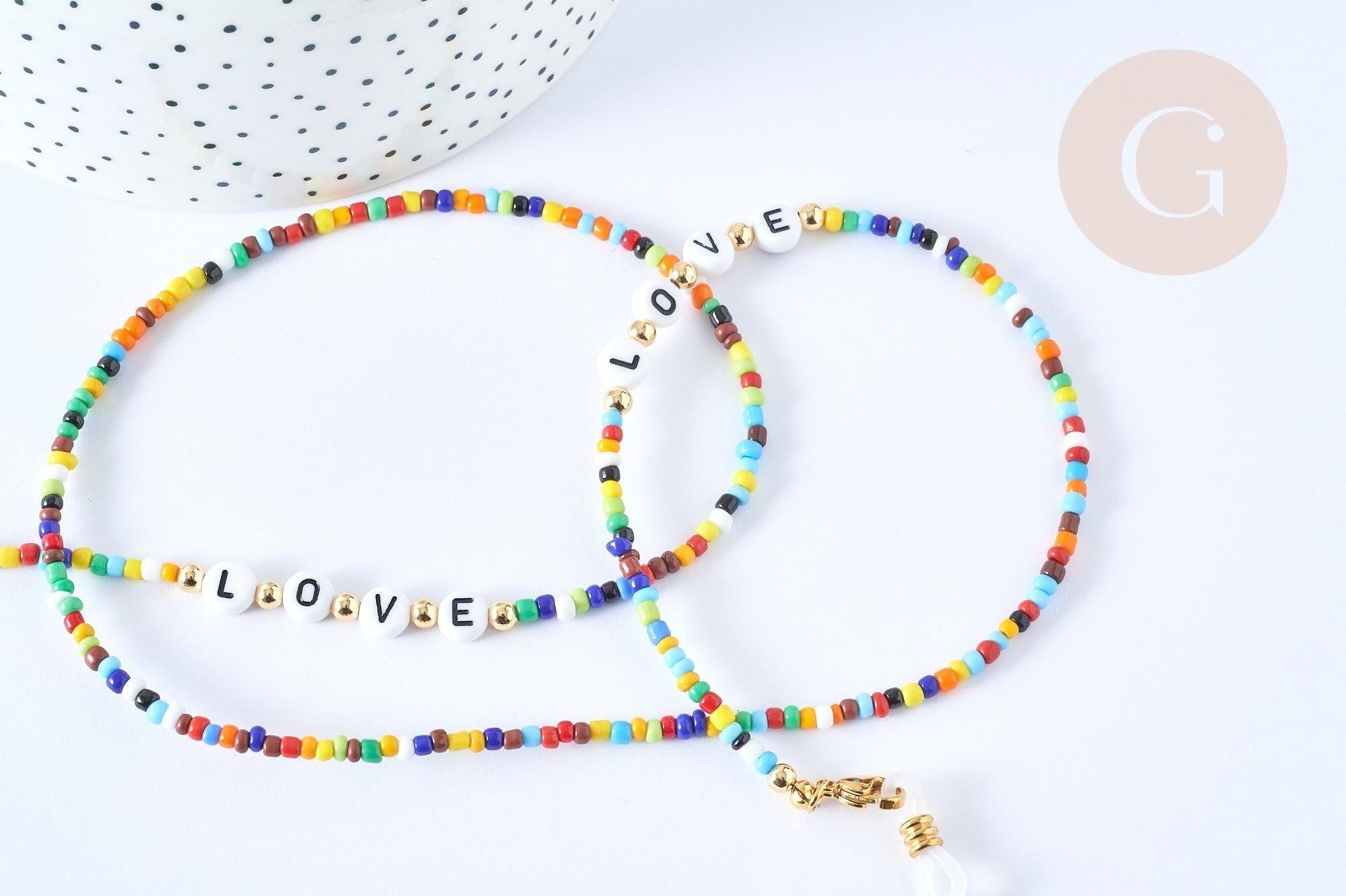 Chaine de lunettes ou masques perles verre et acrylique laiton doré 70,5cm LOVE chaine lunettes fantaisie, x1 (G7658)