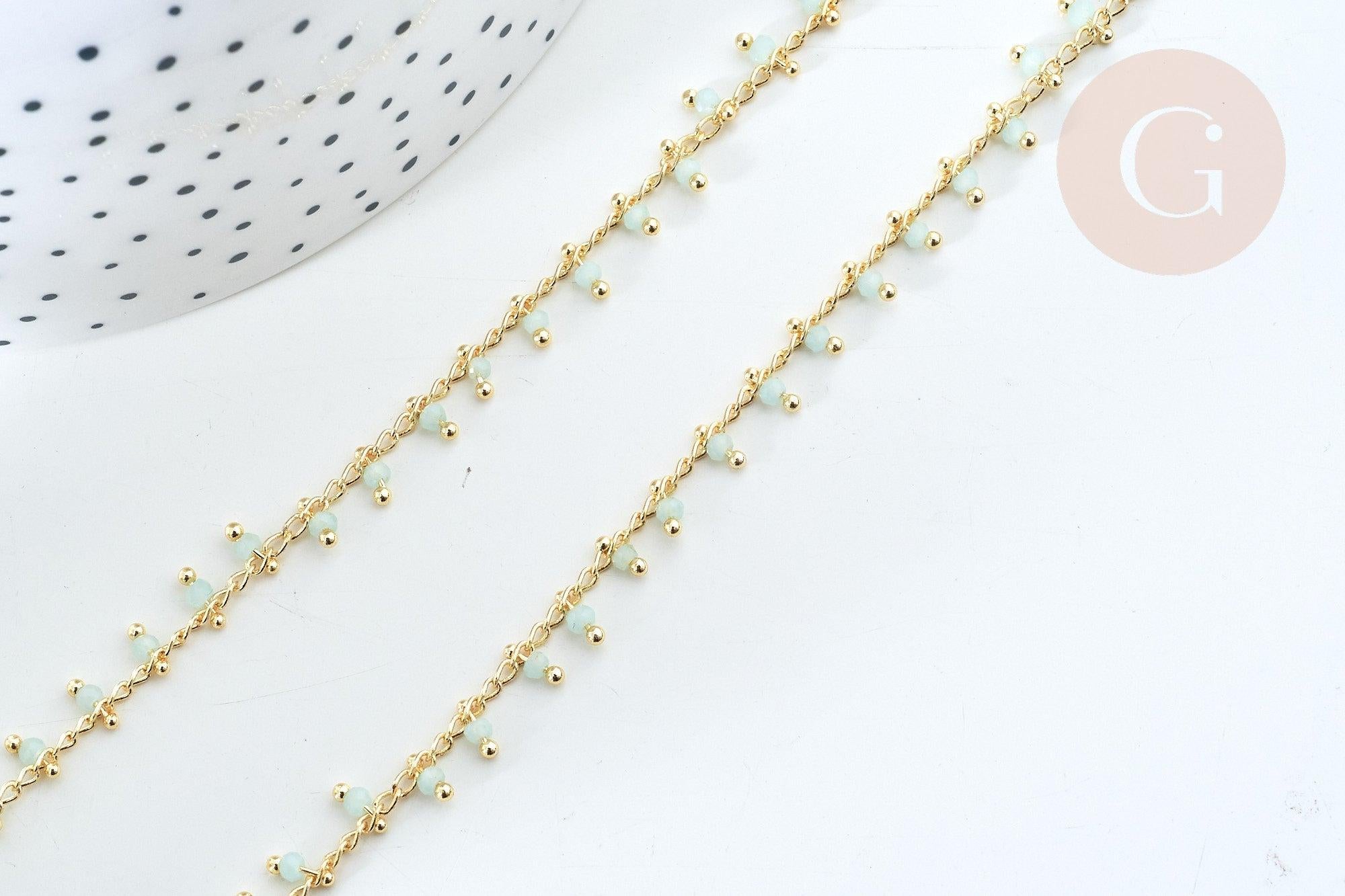 Chaine dorée perle cristal vert clair 2.5x2mm, chaine collier,création bijoux ,chaine lunettes,chaine fantaisie, x1 mètre G5841