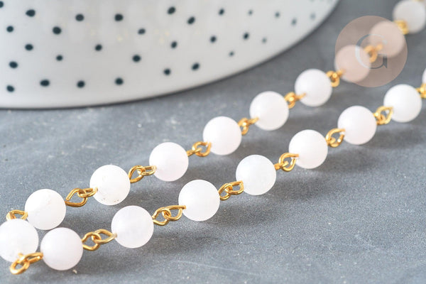 Chaine dorée perle quartz rose ronde 6.5mm, x1 Mètre (G7357)