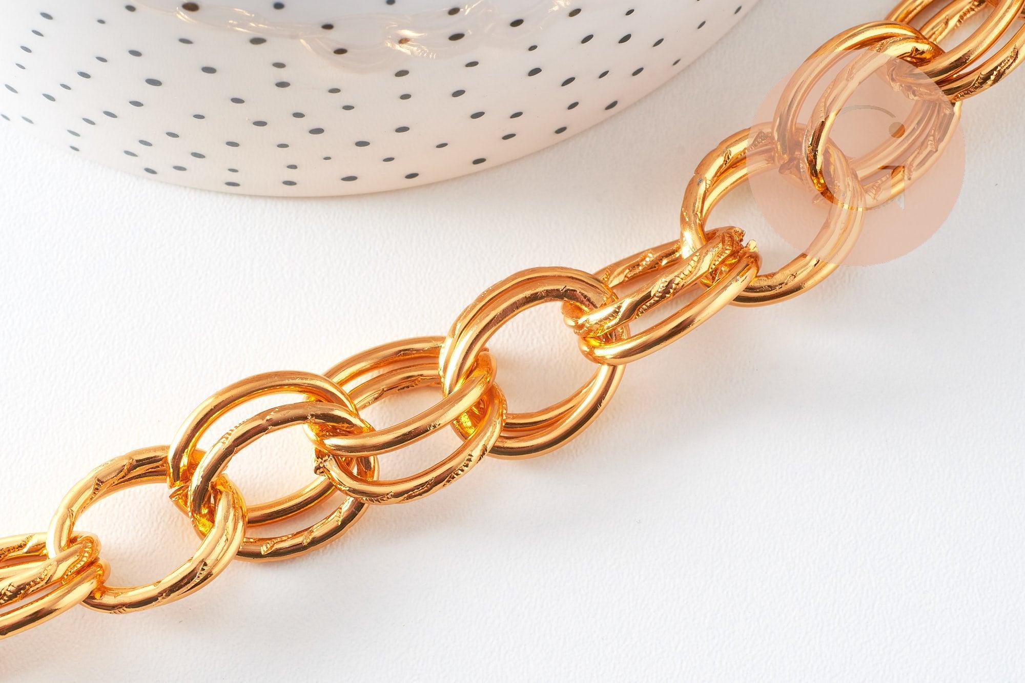 Chaine double maille rolo aluminium doré texturé 22mm, x1 mètre (G10591)