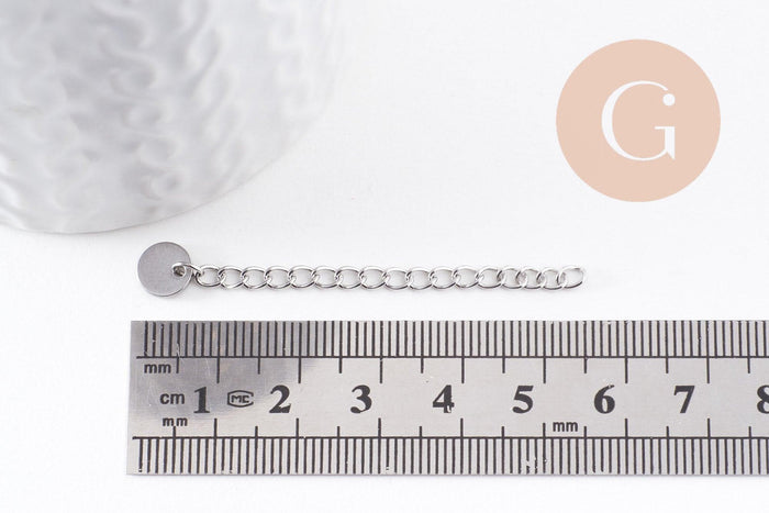 Chaine extension acier inoxydable platine avec breloque ronde de finition 57-60mm, x5 (G10055)