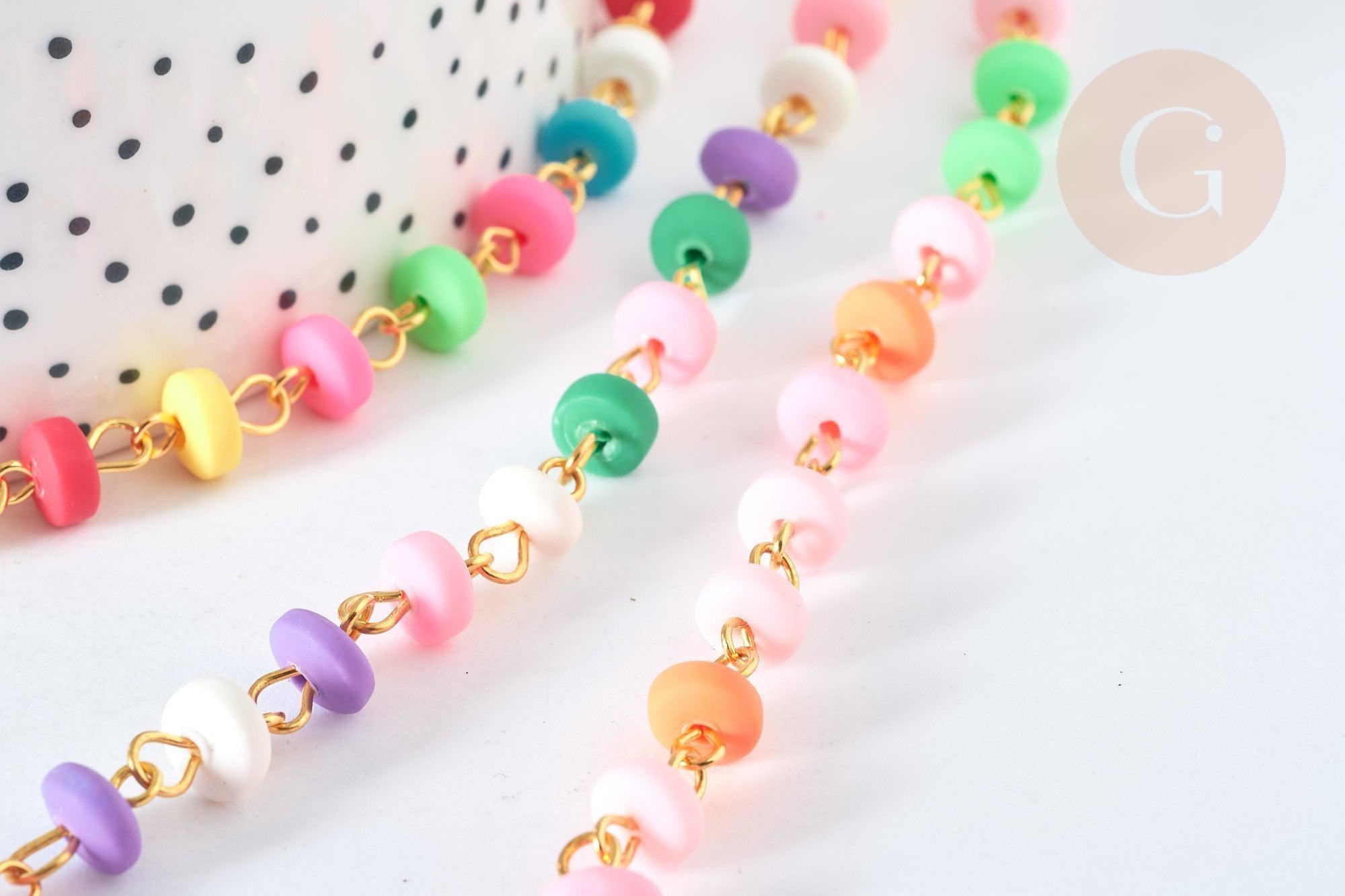 Chaine fer doré perles disques polymère multicolore heishi 6~7x3mm, bijoux heishi coloré, x1m (G7306)