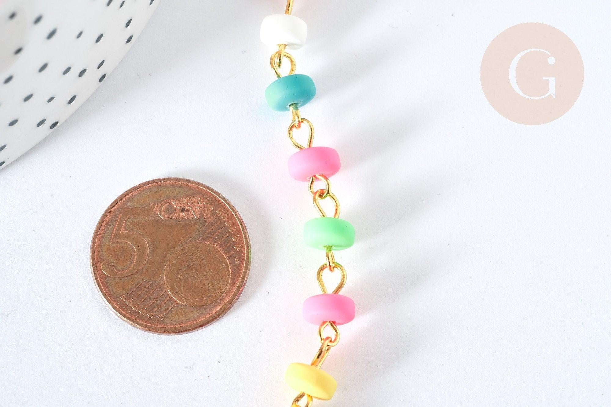 Chaine fer doré perles disques polymère multicolore heishi 6~7x3mm, bijoux heishi coloré, x1m (G7306)