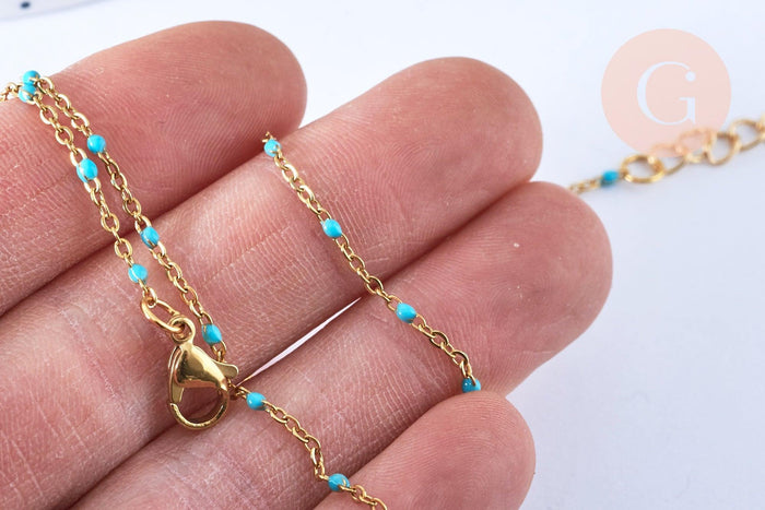 Collier Chaîne fine acier doré inoxydable émail bleu turquoise 43cm, sans nickel, x1 G7113