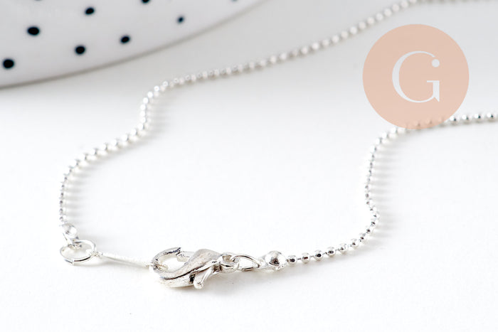 Collier Chaine fine laiton argenté boule facettes 1.2mm/45cm,chaine collier laiton argenté chaine complète avec fermoir x1 (G6201)