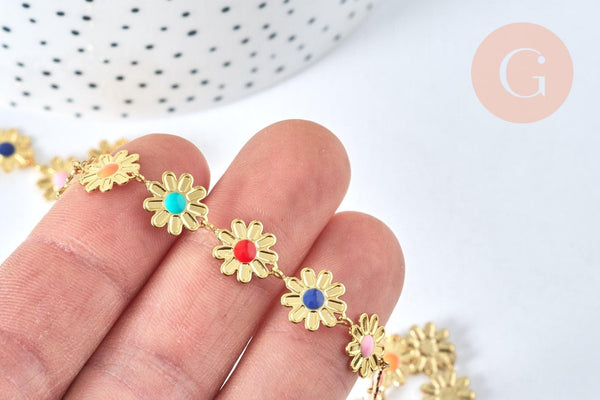 Chaine fleurs laiton doré 18 carats 13.5mm émail multicolore, x1 mètre (G6786)